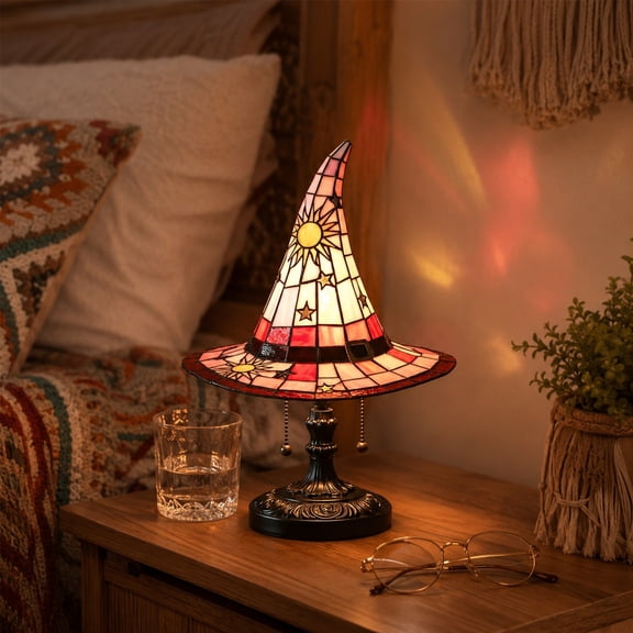 YAMB Witch Hat Stained Glass Lamp, Halloween Resin Ghost Style Table Lamp with Sun & Star Patterns, 7in Handcrafted Battery Powered Night Light with Pull Cords for Bedroom Shelf Desk Home Decor