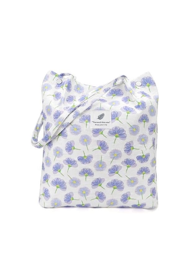Women Corduroy Tote Bag, Soft Textured Blue Printed Multi-Purpose Shoulder Bag with Wide Strap, Large Capacity Minimalist Handbag with Inner Pocket for Ladies Commute Shopping Beach Travel