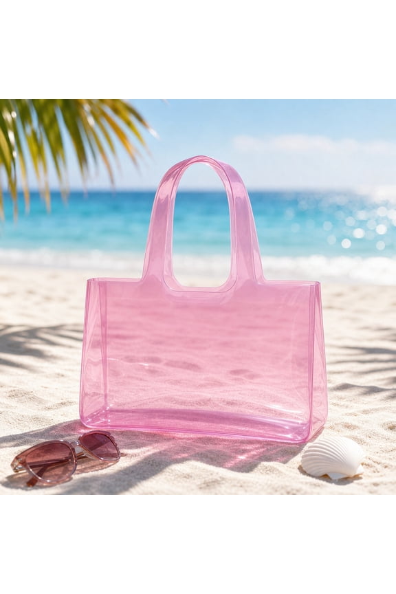 Women's Jelly Tote Bag, Large Capacity Clear Holographic Solid Color Shoulder Bag, Portable Stylish Glossy Glitter Beach Bag for Shopping Travel and Daily Commuting Use, Pink