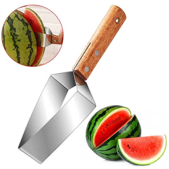 YAMB Wood Handle Watermelon Slicer, 9.25in Stainless Steel Food Grade Melon Dicing Tool, 2-in-1 Fruit Divider Triangular Cutter, Durable Easy Clean Kitchen Gadget for Camping Picnic Party Use