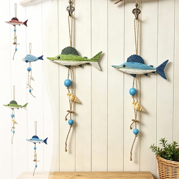 YAMB Wooden Fish Wall Hanging Decor, Handmade Vintage Nautical Style Ornament with Shells Beads & Rope, Boho Sea Fish Shaped Decorative Pendant for Beach Bathroom Porch Indoor Outdoor Layout