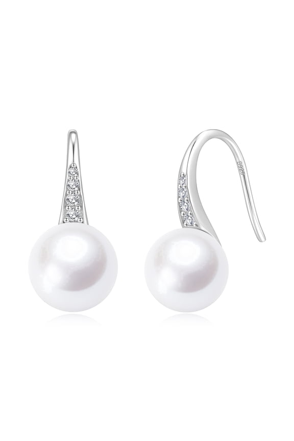 7.5-8mm White Pearl Earrings, 925 Sterling Silver Drop Dangle Earrings with CZ, Mother's Day Gift for Women