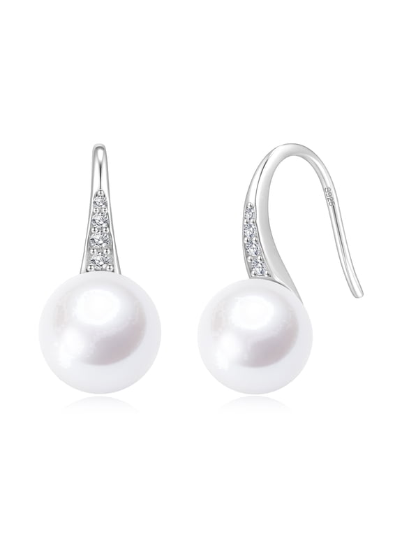 7.5-8mm White Pearl Earrings, 925 Sterling Silver Drop Dangle Earrings with CZ, Mother's Day Gift for Women