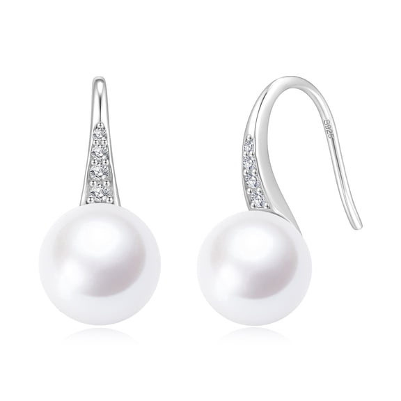 YAMI7.5-8 mm White Pearl Earrings, 925 Sterling Silver Drop Dangle Earrings with CZ, Valentine's Day Gift for Women