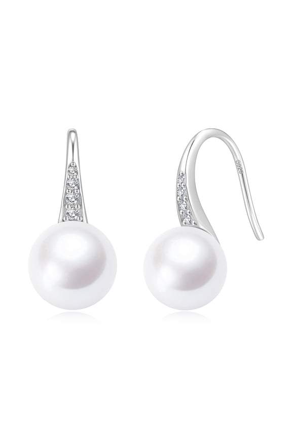 7.5-8 mm White Pearl Earrings, 925 Sterling Silver Drop Dangle Earrings with CZ, Valentine's Day Gift for Women