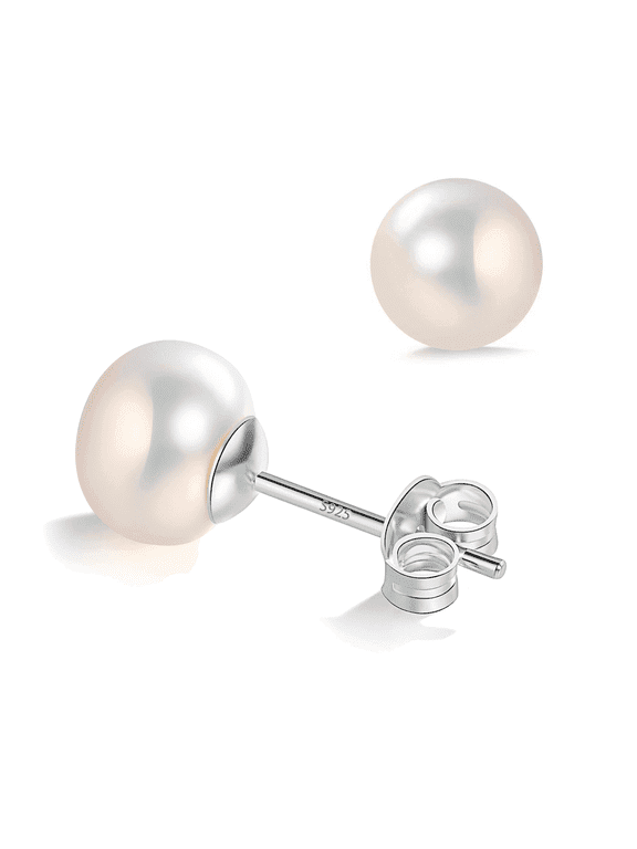 6-6.5mm Freshwater Cultured White Pearl Stud Earrings, 925 Sterling Silver Gift for Women