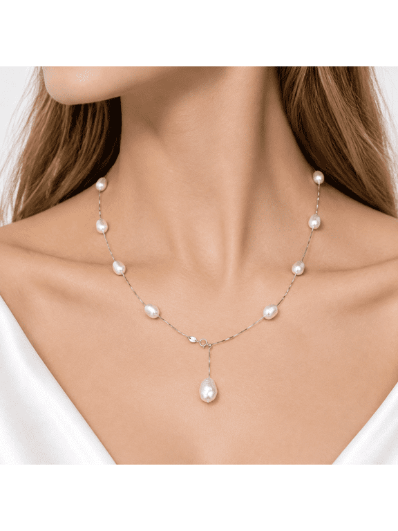 Freshwater Pearl Necklace for Women 8-9mm White Baroque Cultured Pearl Y Necklace 925 Sterling Silver Adjustable Chain 18+2 Inch Jewelry Gift