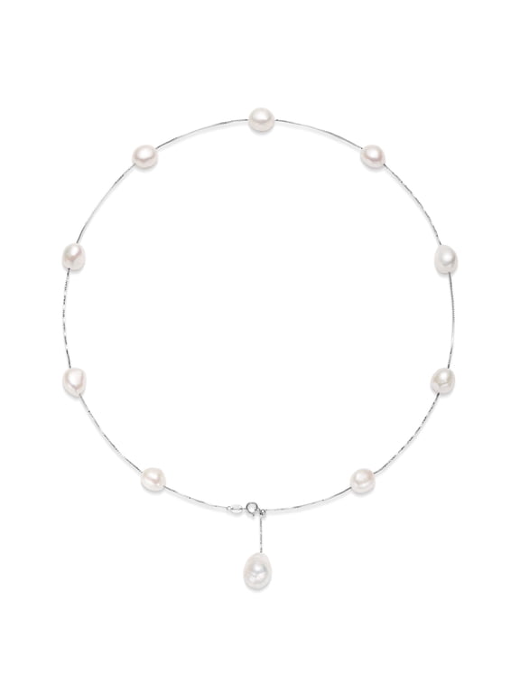 Freshwater Pearl Necklace for Women 8-9mm White Baroque Cultured Pearl Y Necklace 925 Sterling Silver Adjustable Chain 18+2 Inch Jewelry Gift