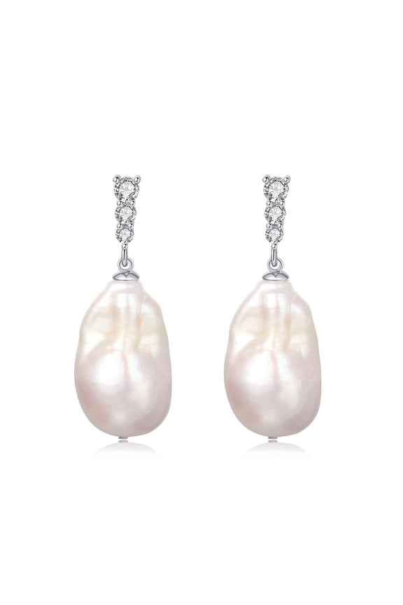 9-10mm Baroque Freshwater Pearl Earrings, 925 Sterling Silver Dangle Drop Earrings with CZ, Cultured Pearl Jewelry Gift
