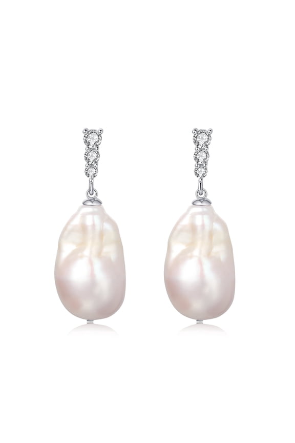 9-10mm Baroque Freshwater Pearl Earrings, 925 Sterling Silver Dangle Drop Earrings with CZ, Cultured Pearl Valentine's Day Jewelry Gift for Women