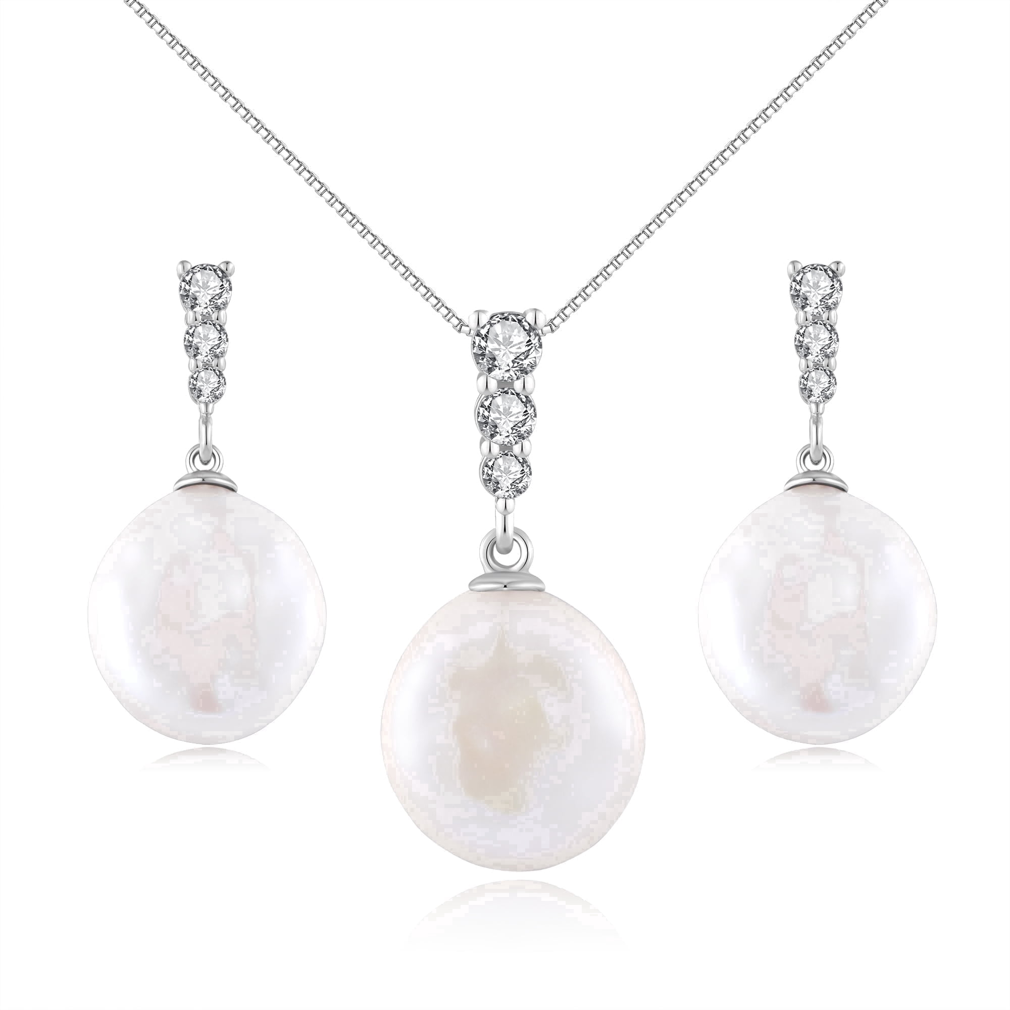 YAMI 9-10mm Cultured Pearl Necklace & Earrings Set 925 Sterling Silver CZ Button Pearl  Jewelry Gift for Women