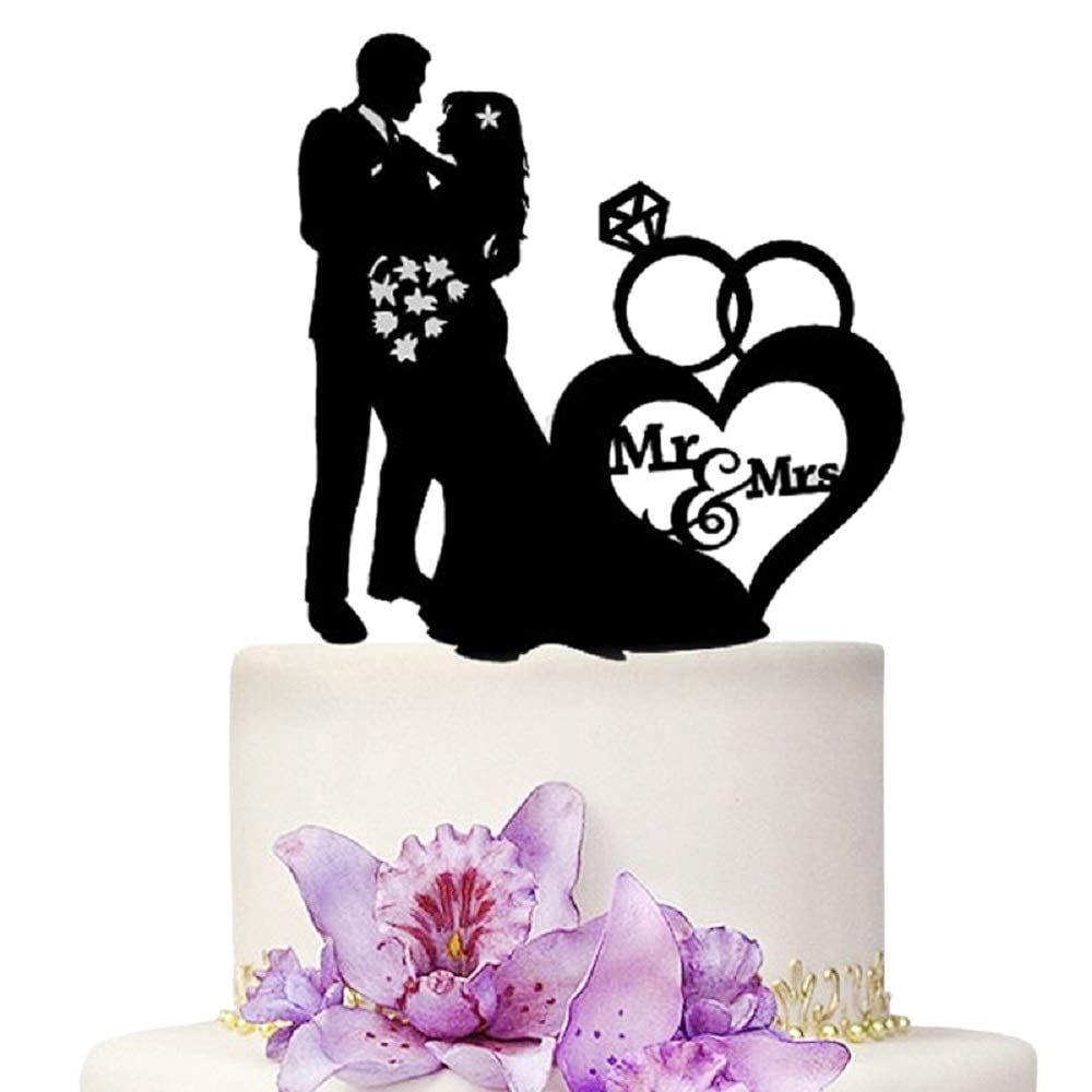 Black Acrylic Bride & Groom Cake Topper - Wedding, Anniversary, Engagement Party Decoration