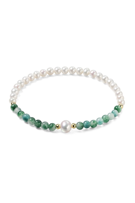 Freshwater Pearl & Green Jade Beaded Bracelet for Women, 4-5mm Pearls with 8-9mm Center Pearl, 7 Inch Stretch Bracelet, 925 Sterling Silver Accents, Water Grass Green Agate Jewelry Gift