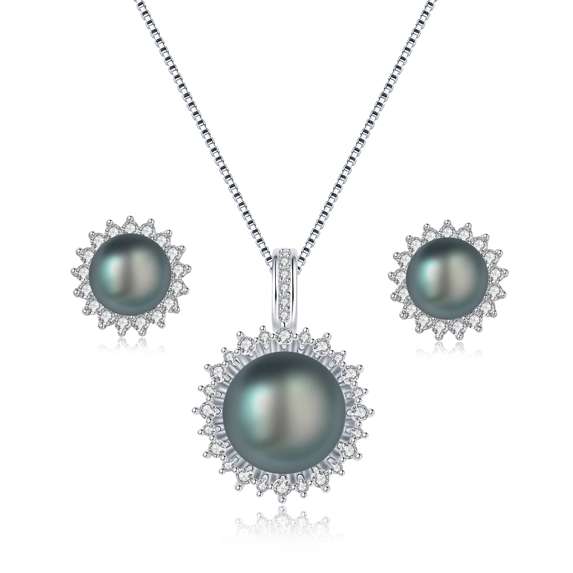 YAMI10-11mm Black Pearl Necklace and Earring Set, Sunflower Design, 925 Sterling Silver Cultured Pearl Jewelry Gift for Women