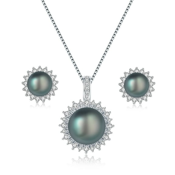 YAMI10-11mm Black Pearl Necklace and Earring Set, Sunflower Design, 925 Sterling Silver Cultured Pearl Jewelry Gift for Women