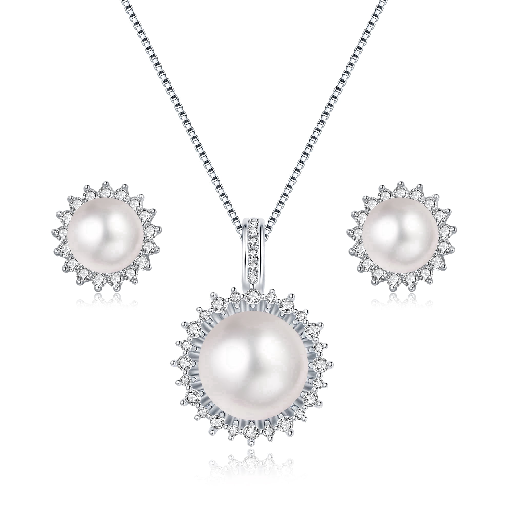 YAMI10-11mm White Pearl Necklace and Earring Set, Sunflower Design, 925 Sterling Silver Cultured Pearl   Mother's Day Jewelry Gift for Women