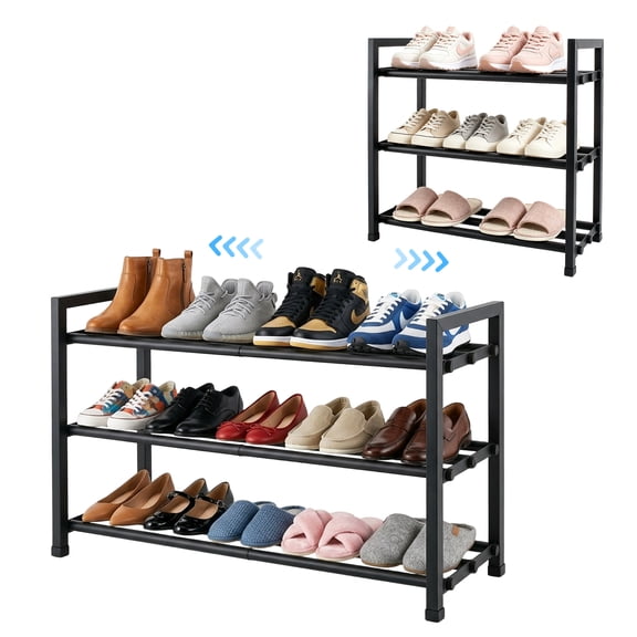 YANAOFFE 3 Tier Expandable Shoe Rack, Stackable and Adjustable Shoes Organizer Storage Shelf, Sturdy and Durable Metal Structure Free Standing Shoe Rack，Black