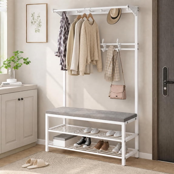 YANAOFFE Entryway Coat Rack with Shoe Storage Bench, 4-in-1 Entryway Bench, Metal Hall Tree Shoes Bench with 10 Hooks, White