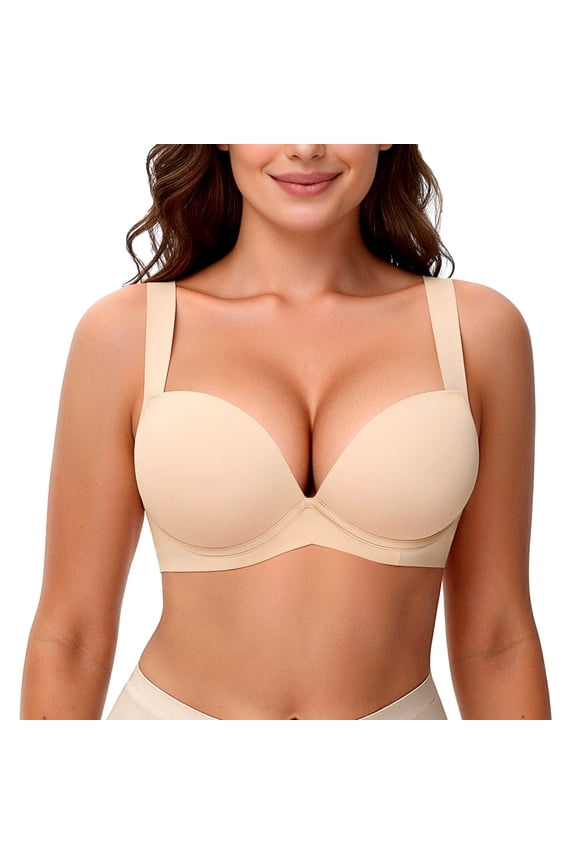 YAND Push Up Bras for Women Underwire Thick Padded T-Shirt Bra Add Cup, Beige 34B