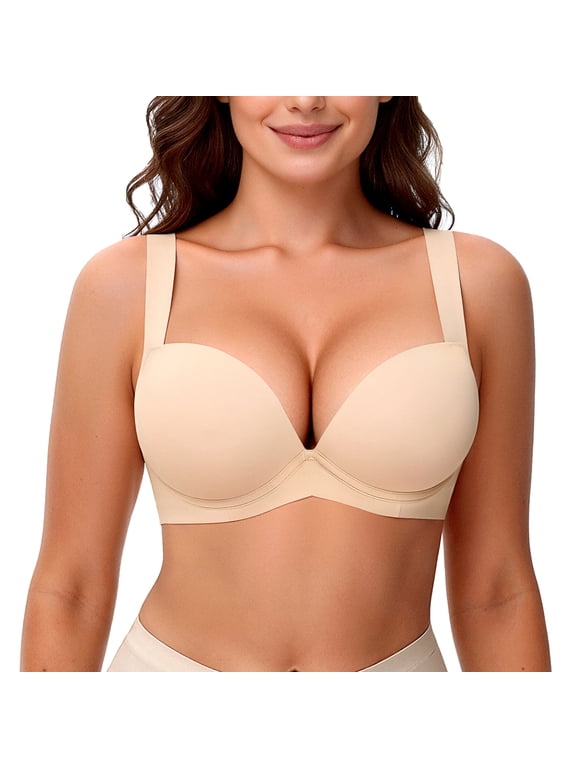 Push Up Bras for Women Underwire Thick Padded T-Shirt Bra Add Cup, Beige 36C