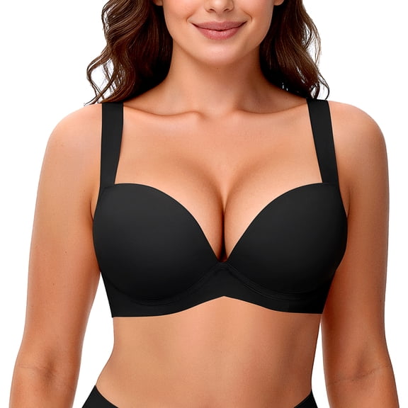 YAND Push Up Bras for Women Underwire Thick Padded T-Shirt Bra Add Cup, Black 36B