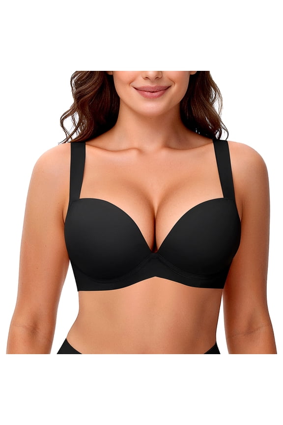 Push Up Bras for Women Underwire Thick Padded T-Shirt Bra Add Cup, Black 36B