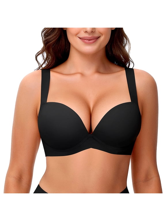 Push Up Bras for Women Underwire Thick Padded T-Shirt Bra Add Cup, Black 38C