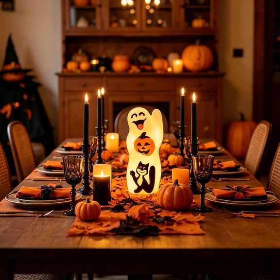 YANDE - 11.4in Smiling Ghost Jack-O-Lantern Illuminated Desktop Ornament, Cat Motif Lighted Halloween Sculpture, Accent Piece for Halloween Decorations Indoor and Halloween Party Decorations