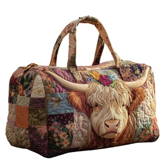 YANDE - 15.7in 1PC Floral Highland Cow Duffle Bag, Padded Canvas Weekender Bag, Large Capacity Carry-on Luggage for Sports, Travel & Gym Use (J)