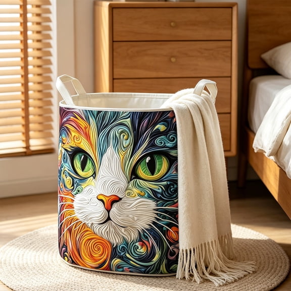 YANDE - 18in 1PC Cat Laundry Hamper, Large Capacity Fabric Storage Basket, Waterproof Lined Bin for Bedroom, Bathroom (G)