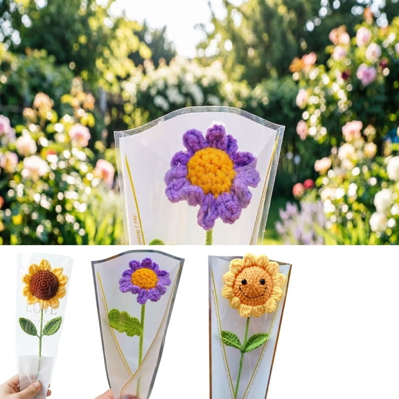 YANDE-1pc Crochet Cotton Sunflower Flower, 11.8" Handmade Plush Fake Bloom, Soft Faux Floral for Kids Room Nursery Home Farmhouse Decor (A)