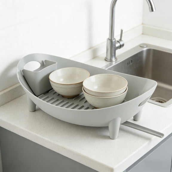 YANDE-1pc Dish Drying Rack - Space Saving Dish Rack for Kitchen Counter, Kitchen Dish Drainer with Swivel Spout for Kitchen Counter, Easy Installation, Durable (Gray)