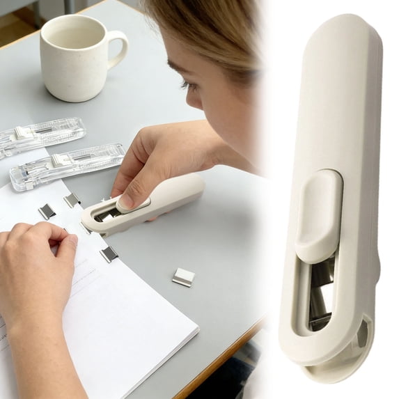 YANDE-1pc Portable Push Stapler with 8 Reusable Refill Clips, Handheld Paper Clam Clip Dispenser, 20 Sheet Capacity No Hole Binding Tool for Office Documents, Student Test Papers (A)