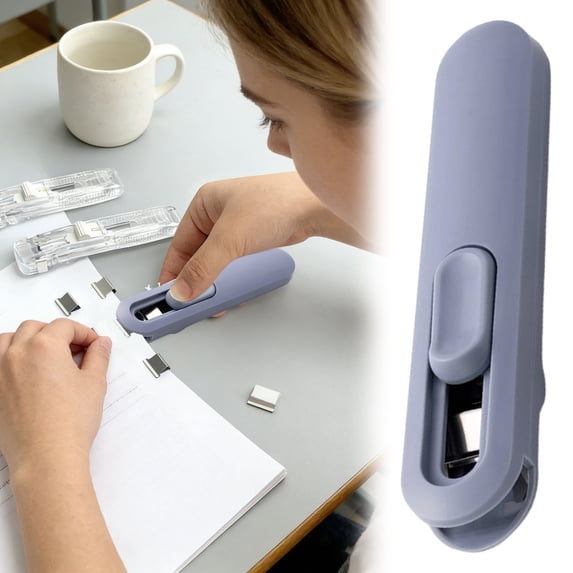 YANDE-1pc Portable Push Stapler with 8 Reusable Refill Clips, Handheld Paper Clam Clip Dispenser, 20 Sheet Capacity No Hole Binding Tool for Office Documents, Student Test Papers (B)