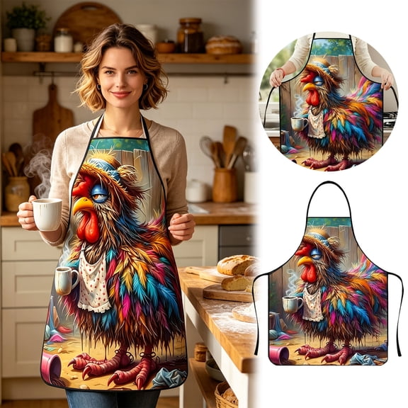 YANDE - 23.6in Summer Rooster Pattern Cooking Apron, Breathable Canvas Kitchen Apron, Waterproof Stain Resistant Chef Apron for BBQ Gardening Household Working (Red)