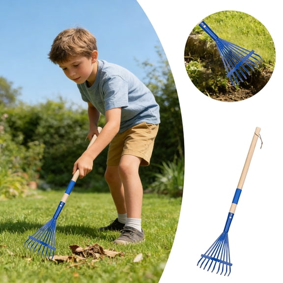 YANDE - 27.5in 9-Tine Beach Rake, Wooden Handle Lightweight Sand Rake, Rust Resistant Gardening Tool for Seaside Sand Cleaning Debris Gathering (Blue)