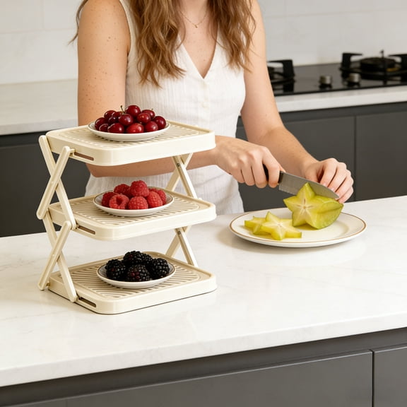 YANDE-3 Layer Dish & Prep Tray Storage Rack, Multifunctional Foldable Vertical Plate Racks for Cabinet, Vegetable Plate Display Rack Organizer Dish, Making Cooking Highly Efficient (Beige)