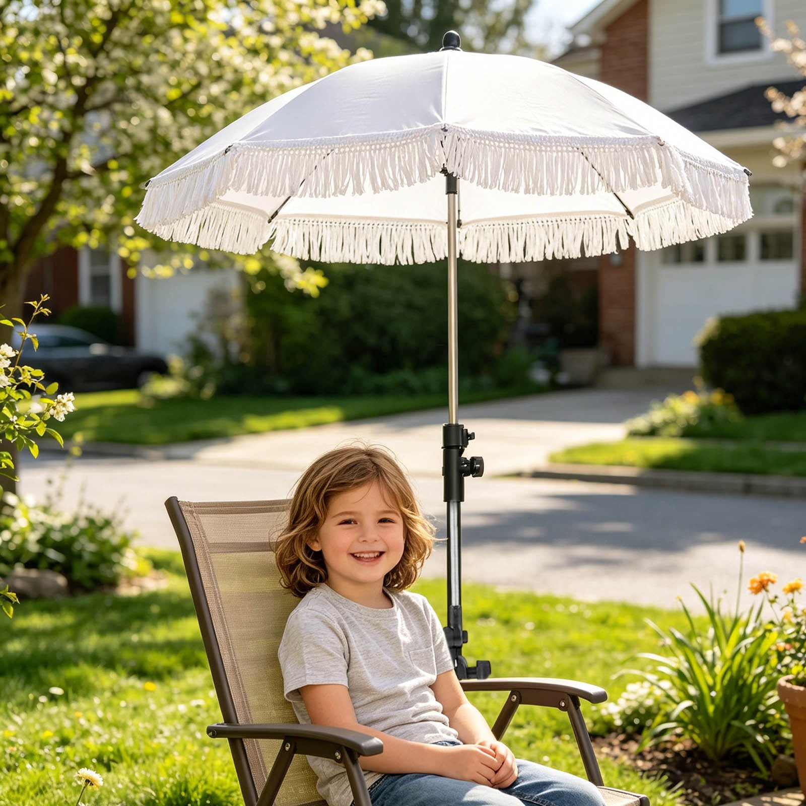 YANDE-30.7 Inch Clip-On Chair Umbrella, 1pc Adjustable Patio Sun Shade with Fringe, UV Protection Parasol for Stroller, Beach Chair, Outdoor Activities (A)