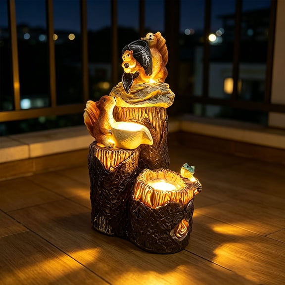 YANDE - 30cm Solar Powered Cascading Water Fountain, 4 Tier LED Light Resin Garden Fountain Statue, Auto Circulating Water Feature for Patio Backyard Landscape Decor (Squirrel)