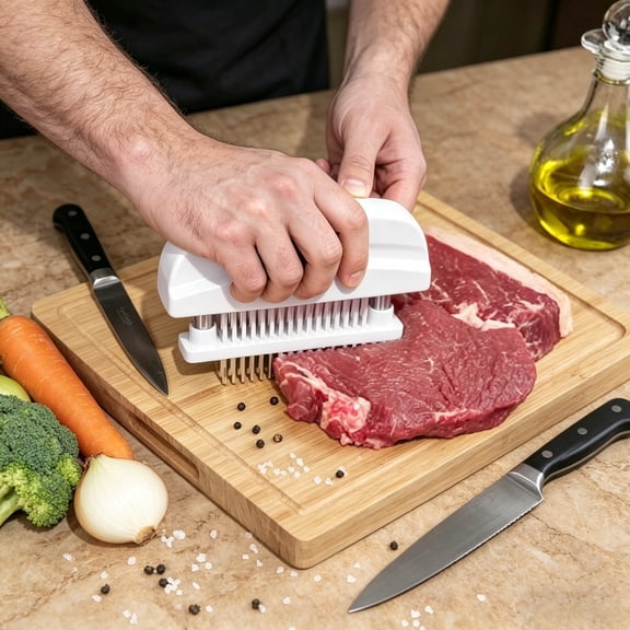 YANDE-5.9 Inch Meat Tenderizer Tool, 48-Blade Stainless Steel Needle Pricker, Professional Kitchen Gadget for Tenderizing Steak, Pork, Chicken (White)
