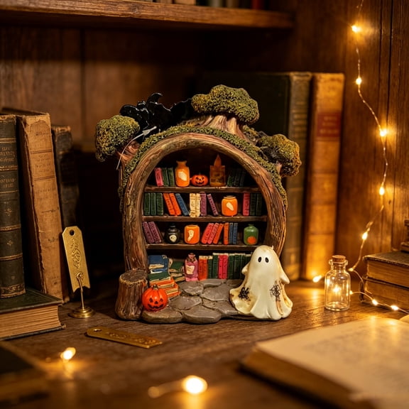 YANDE - 5.9in Tall Moss Texture Tree Cave Halloween Statue with Ghost & Potion Bottle Detail, Hand Painted Spooky Shelf Decor, Ornament for Outdoor Halloween Decorations and Halloween Party Favors