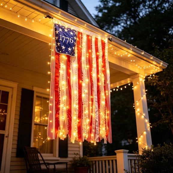 YANDE-50 Inch American Flag Ribbon Curtain, Patriotic Lace Door Hanging with LED Lights, 250th Anniversary Decor for 4th of July, Party (B)