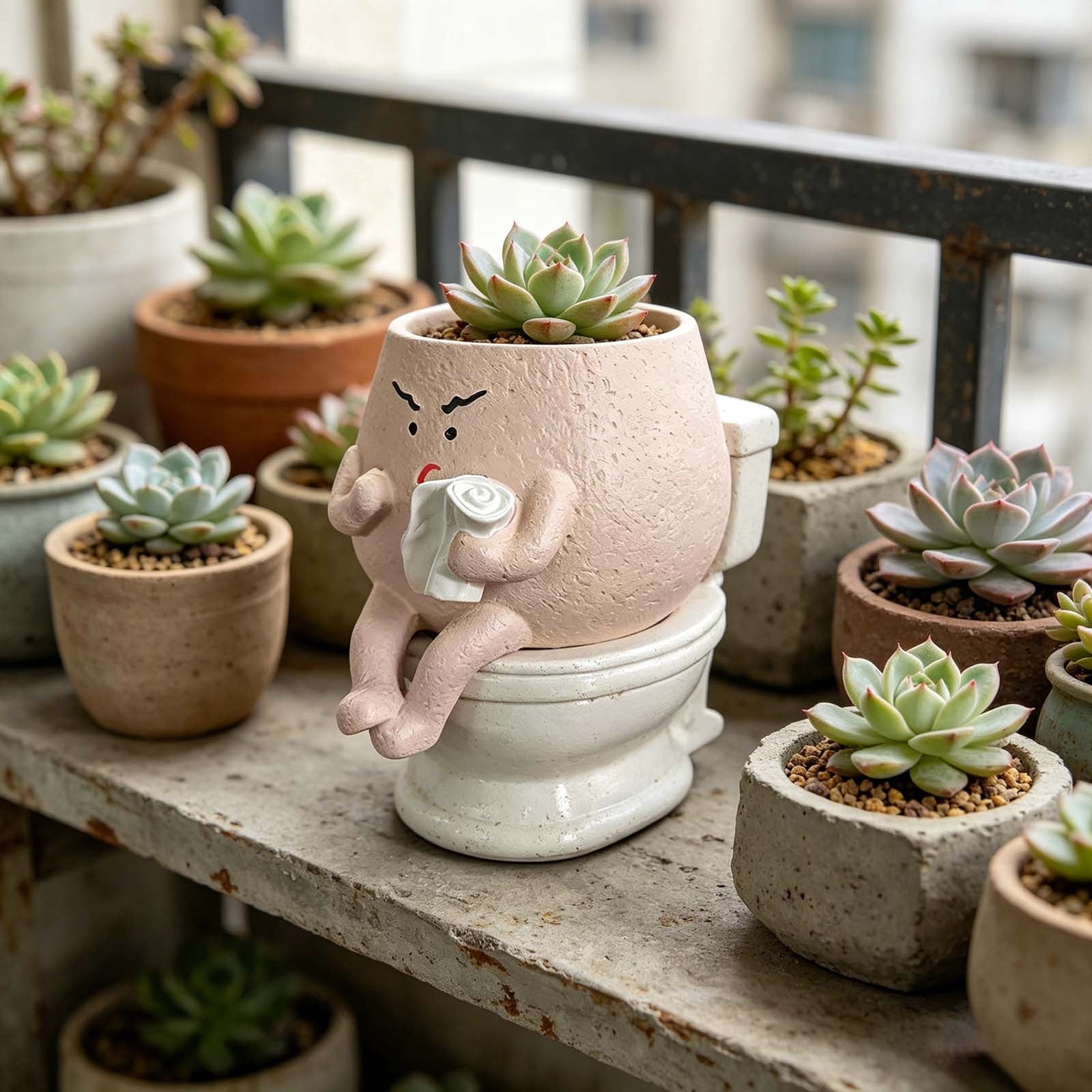 YANDE-5in Face Flower Pots, Cute Planter Outdoor Handmade Resin Head Planters for Indoor Self Watering Toilet Succulent Pot with Drainage Hole Unique Home Decor Quirky Gardening Gift (Khaki)