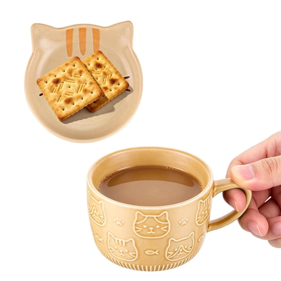 YANDE - Cute Ceramic Cat Coffee Mug with Lid,Kawaii Coffee Mugs or Tea Cups for Cat Lovers, Funny Novelty Breakfast Mugs for Women Wife Mum Girls Boys Friends Christmas Birthday Gift (Yellow)