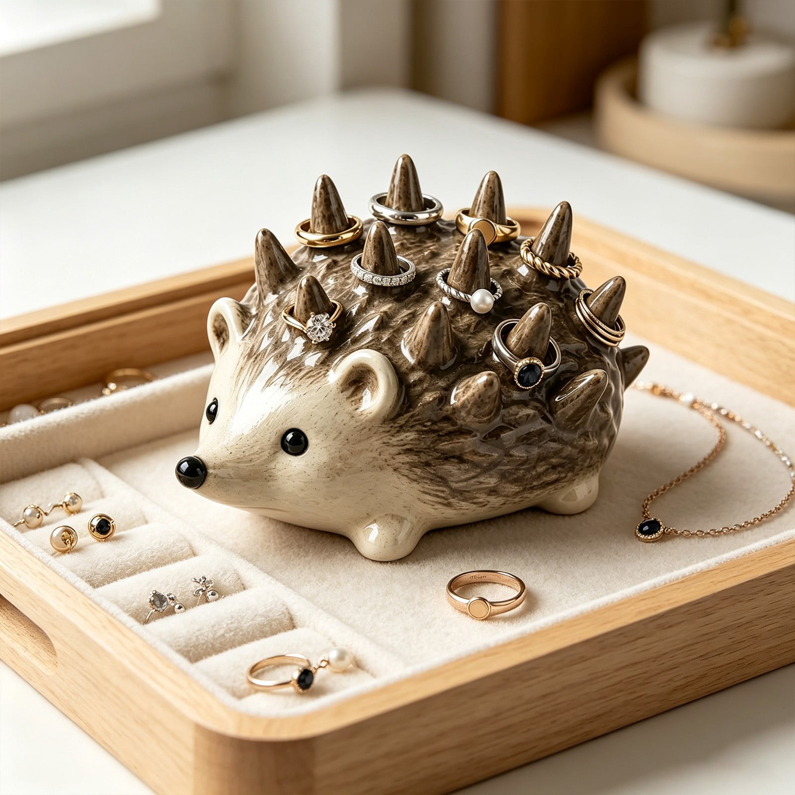 Hedgehog organizer styled on a vanity
