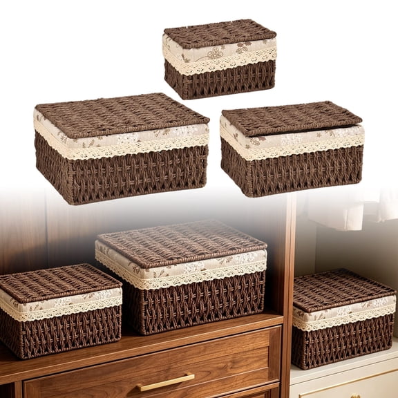 YANDE-Decorative Paper Rope Storage Baskets with Lids Set of 3 Hand-Woven Wicker Bins with Cotton Linen Floral Liner, Rectangular Lidded Organizers for Bathroom, Closet & Shelves (Coffee)