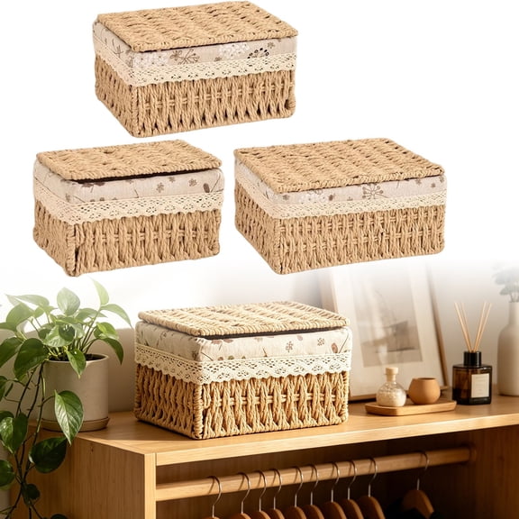 YANDE-Decorative Paper Rope Storage Baskets with Lids Set of 3 Hand-Woven Wicker Bins with Cotton Linen Floral Liner, Rectangular Lidded Organizers for Bathroom, Closet & Shelves (Khaki)