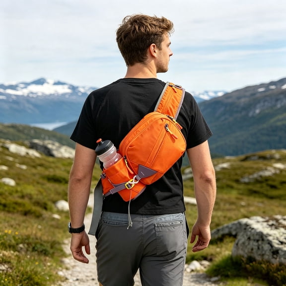 YANDE-Dual Color Waist Bag with Bottle Holder, Sport Adjustable Fanny Pack, Water Resistant Belt Pouch for Fitness, Travel & Daily Outdoor Activities (Orange)