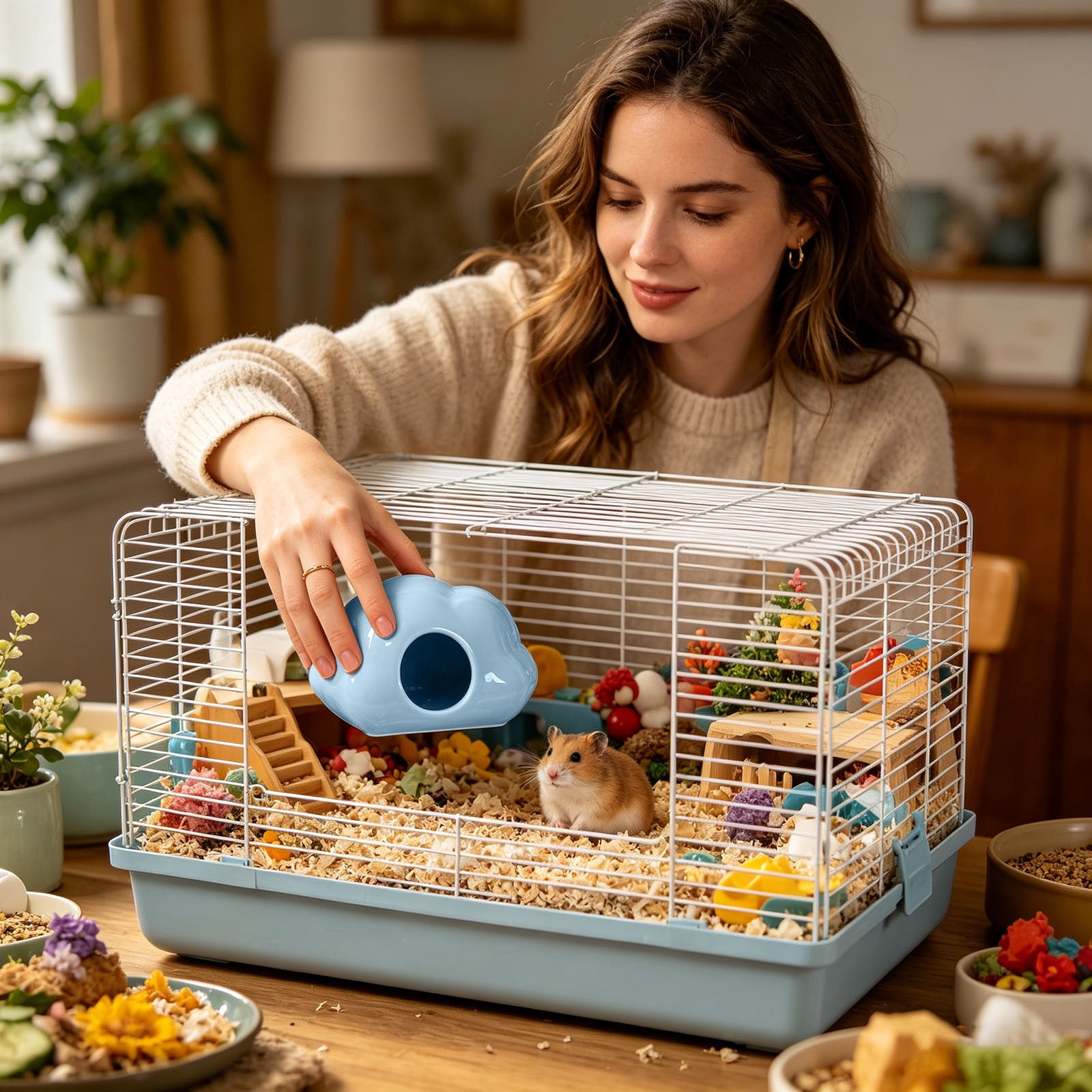YANDE-Hamster Hideout Ceramic Hamster House Pet Nesting Hut Summer Cooling Cabin Hamster Nest Pet Cage Decor for Critter Lemmings Chinchilla Playing (Blue)