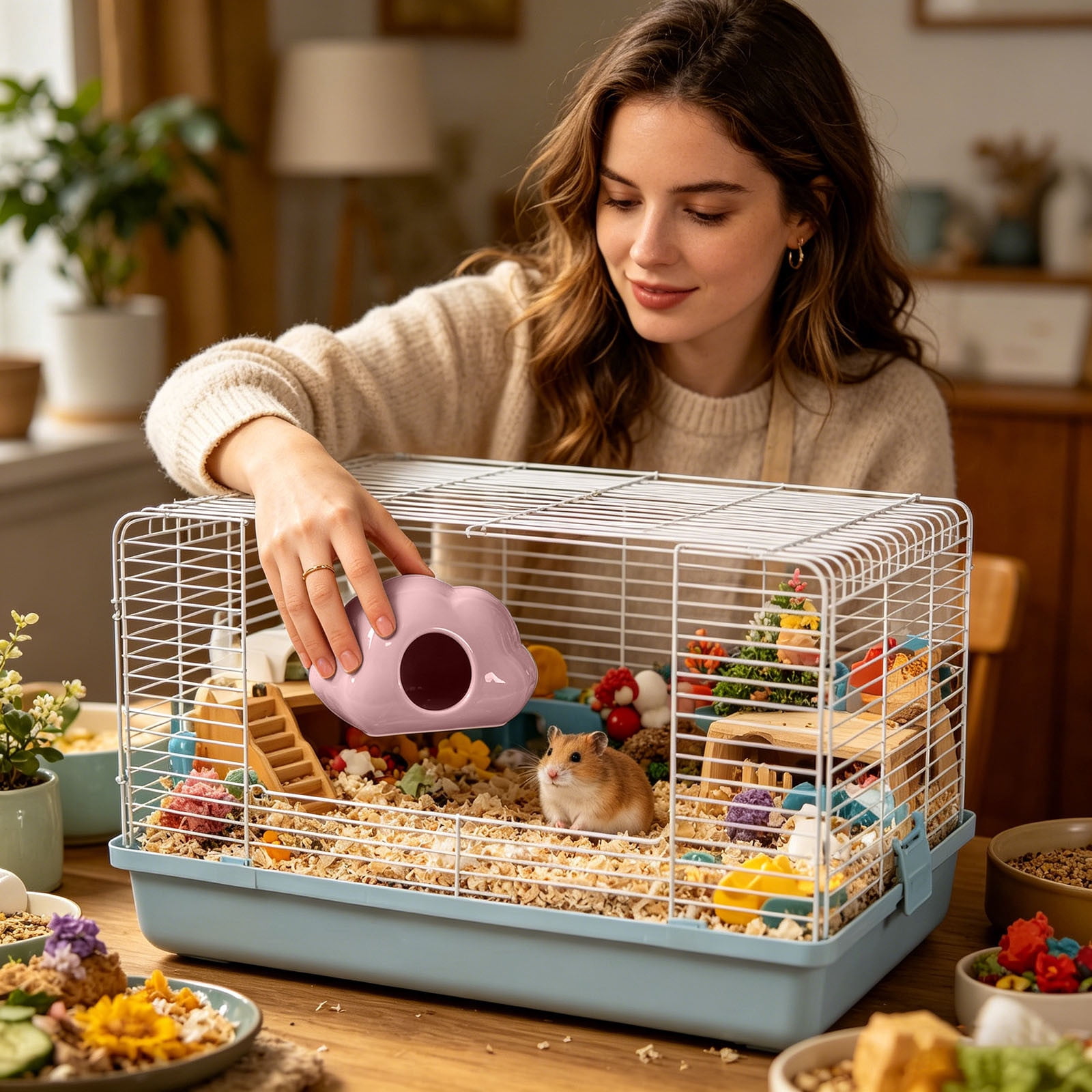 YANDE-Hamster Hideout Ceramic Hamster House Pet Nesting Hut Summer Cooling Cabin Hamster Nest Pet Cage Decor for Critter Lemmings Chinchilla Playing (Pink)